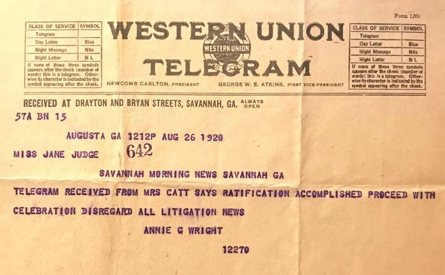 A Western Union telegram from August 1920